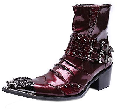 Wuf Botines de vaquero para hombre, botas de cuero motero, punk, remaches de metal, botas occidentales, rojo, 45 EU