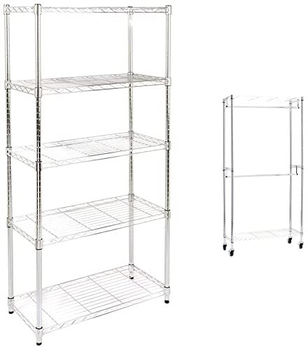 Amazon Basics Lagerregal mit 5 Regalböden, bis 160 kg pro Regalboden, Chrom & Doppel-Kleiderstange mit Rädern - Chromfarben