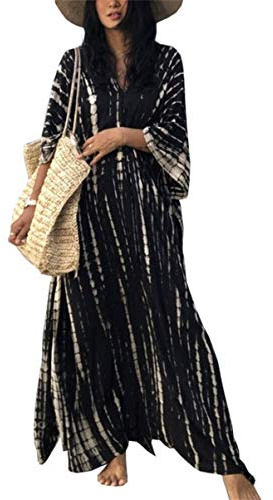 LikeJump Mujer Bohemia V Cuello Vestido de Playa Maxi Kaftan Kimono Pareos Bikini Cover Ups
