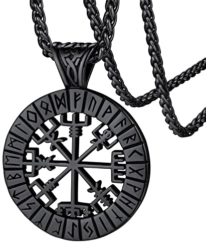 FaithHeart Viking Runes Compass Necklace, Norse Runes Vegvisir Symbol Neck Charm Black Steel Nordic Necklaces for Male Gents