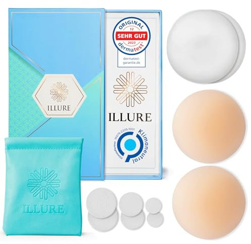 ILLURE® Nippelpads – Damen Nipple Cover [1 Paar] mit Brustwarzenschutz - Nipple Pads wiederverwendbar & waschbar - dünne Selbstklebende Brustwarzen Nippelabdeckung aus hypoallergenem Silikon [8 cm]