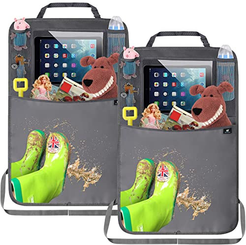 Termichy Protection de dossier de voiture pour enfants, organisateur de siège arrière de voiture pour enfants, bâche imperméable pour siège auto avec grand sac de rangement (2 pièces, gris)