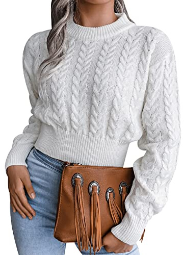 Court Femme Hiver Chic Pullover Crop Top Grosse Maille Ample Jacquard Manche Longue Large Blanc M Pull-Over Vintage Tricoté Torsade Personnalisable Femme Chaud