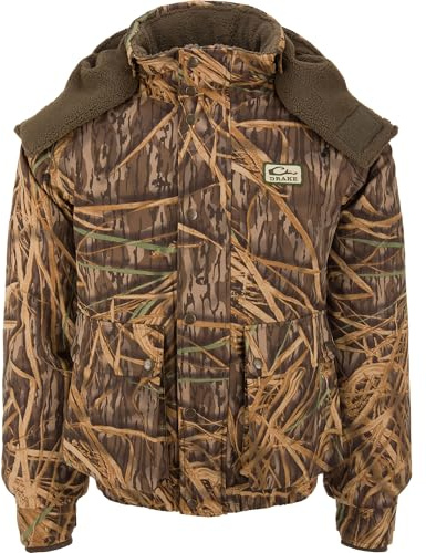 Drake Waterfowl Men's Throwback 80 Sport 3-in-1 Waterproof Windproof Breathable Inner Fleece Jacket with Sherpa Lined Hood, Original Shadowgrass, L