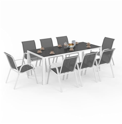 IDMarket - Salon de Jardin Madrid Table 190 cm et 8 chaises empilables | Coloris blanc et gris