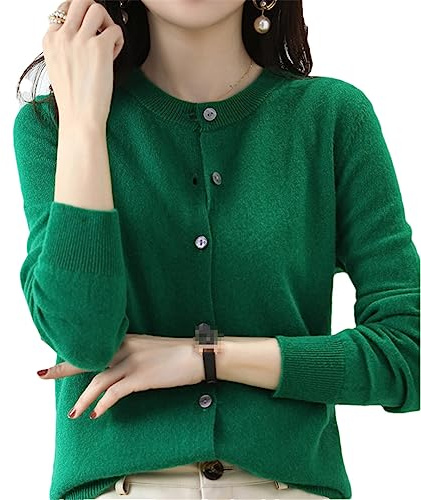 Cárdigan de cachemira para mujer, cuello redondo, suéter de punto suave para primavera, otoño e invierno, manga larga, color liso, Gn, M