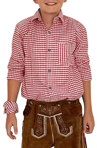 Trachterbahn Camicia da ragazzo con pantaloni in pelle a quadretti e cotone bianco a maniche lunghe con foulard 45 x 45 cm e tasca sul petto, Colore: rosso, 122