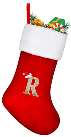 TOPWAYS Julstrumpor, stort monogram jul personliga broderade strumpor med bokstäver, röda öppna spisar hängande tomtestrumpor för juldekor julklapp (R)