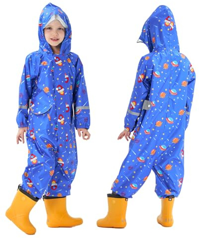 Hovkib Combinaison de Pluie pour Enfants Garçons Filles Imperméable Une Pièce Combinaison Imperméable Zippée Poncho de Pluie Respirante Vestes de Pluie Léger 1-10 Ans