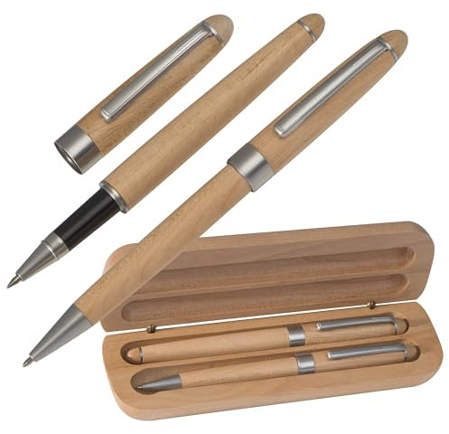 Holz Schreibset / aus Ahorn / mit Kugelschreiber + Rollerball
