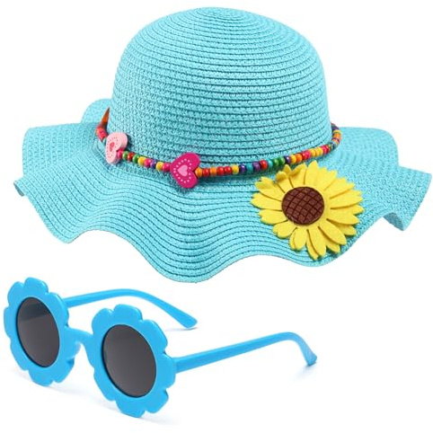 Sombrero de paja para niñas con gafas de sol redondas de flores, plegable de verano, ala grande, girasol, lazo, playa, sombrero de paja para niños, 2-6T