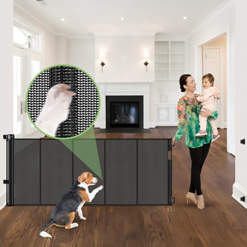 96 Inch Wide Reinforced Retractable Baby Gate with Support Rods, Extra Long Dog Gate Retractable Gate Outdoor Gates for Decks, Prevent Crawling Under Extra Long Baby Gates for Large Openings, Black