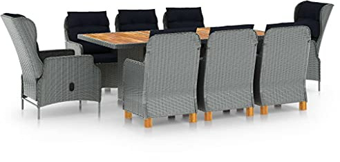 KTHLBRH Juego de muebles de jardín para exteriores, balcón, mesa y sillas de 9 piezas, con cojines de poliratán, color gris claro