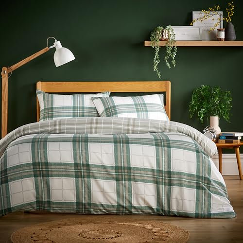 Olivia Rocco Super Soft Flannel Duvet Cover Set Quilt Bedding Covers with Pillowcases Luxurious Colourful Checked Printed Design Reversible Pattern for Comfort Sleep, Alba Sage Green Double