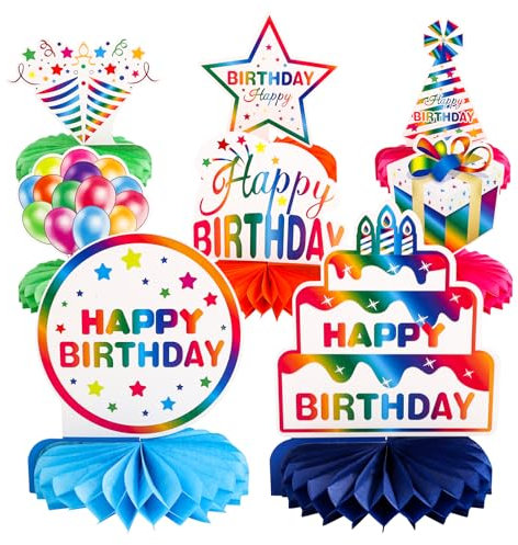 NQEUEPN 8pcs Happy Birthday Table Decorations, Rainbow Birthday Centerpieces Holographic Colorful Honeycomb Centerpiece for Boys Girls Birthday Party Celebration Supplies Table Toppers Props