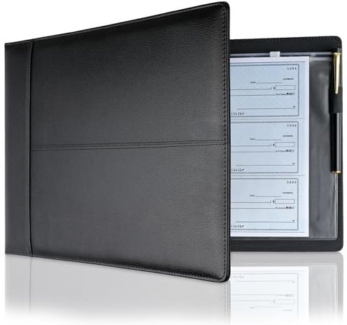 Carpeta de chequera de negocios, carpeta de cheques de 7 anillos para cheques de negocios con bolsa con cremallera, soporte de cuero sintético negro para hojas de 9 x 13 pulgadas, capacidad de 600