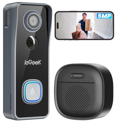 ieGeek Doorbell Camera No Monthly Fee, 5MP Video Doorbell Wireless, Camera Doorbell with Chime, PIR Motion Detection 2-Way Talk, Voice Changer, Easy Installation, Only 2.4GHz Wifi, Works with Alexa