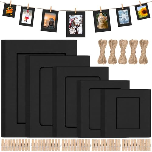 Mardatt 50 Set Black Paper Picture Frames, Includes 3 4 5 6 7 Cardboard Hanging Photo Frames with Wooden Clips, Strings for Home Decor