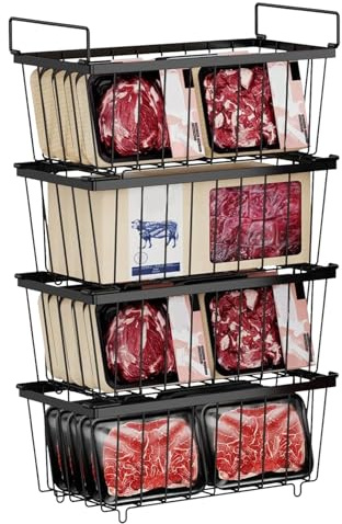 TECKZOON Set di 4 Contenitori Organizer per Congelatore, Cestini Impilabili in Metallo per Freezer, Cestini in Filo con Manico e Base Antiscivolo
