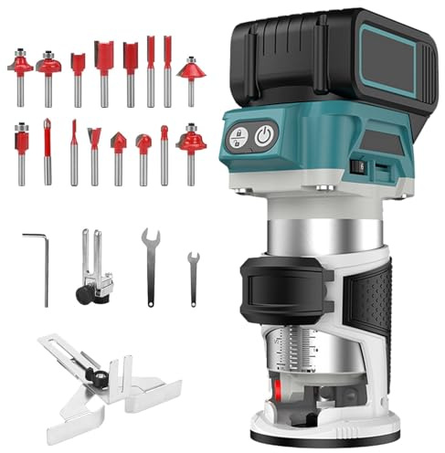 Rifilatore Fresatrice Verticale,800W Legno Rifilatrice Elettrica,Elettrica Fresatrice Palmare Rifilatore,Fresatrice Verticale Legno Set Frese In Carburo da 16 Pezzi 1/4”(Senza Batteria,Caricabatterie)