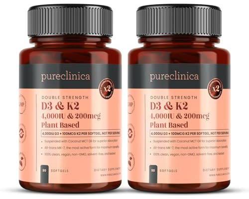 Double Strength Vitamin D3 + K2 (MK-7) – 4,000 IU D3 + 100mcg K2 x 180 Vegan Softgels (2 Bottles of 90) – Plant-Based Lichen D3 & Natto MK-7 – Enhanced Absorption with MCT Oil - 6 Months Supply