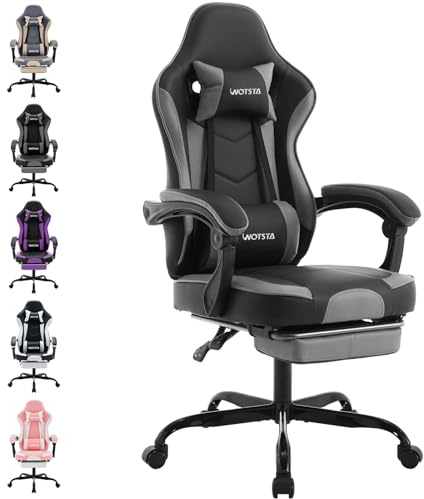 WOTSTA Gaming Chair Computerstuhl Ergonomischer Gaming Stuhl mit Fußstütze Bürostuhl Ergonomischer Computerstuhl mit Lendenwirbelstütze Dunkelgrau