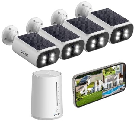 obligz Solar Security Cameras Wireless Outdoor, 4MP Cameras for Home Security Camera System, 64GB Local Storage, No Subscription, Easy Setup, Color Night Vision, 2.4 & 5G WiFi, 4-Cam Kit