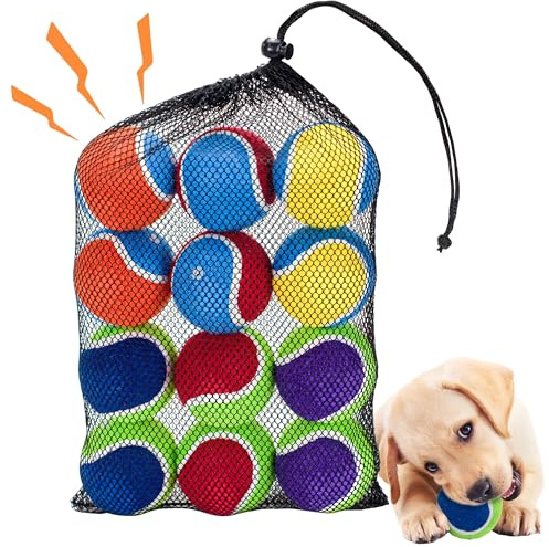 Ousiya Lot de 12 balles de Tennis grinçantes pour Chien - 6,5 cm - avec Sac en Maille - pour Jouer et s'entraîner en Plein air