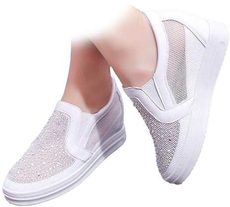 Vita slip-on sneakers för kvinnor med strass nätdesign stängd tå kilar dold klack tygskor bröllopsskor