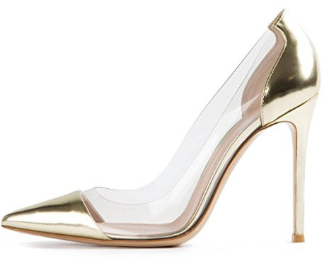 EDEFS Womens Closed Toe High Heel Court Shoes PVC Pumps Slip On Dress Shoes Gold EU41