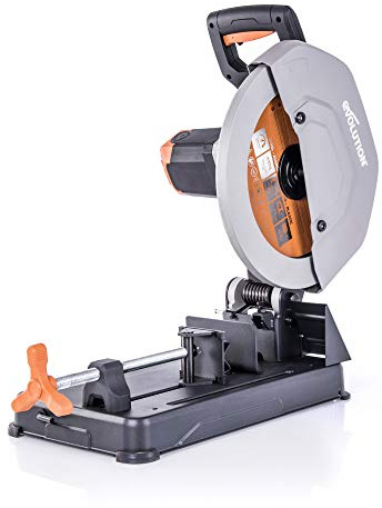 Evolution Power Tools R355CPS 14-Inch Chop Saw Multi Purpose, Multi-Material Cutting Cuts Metal, Plastic, Wood & More Miter Cut up to 45˚ Degrees TCT Blade Included