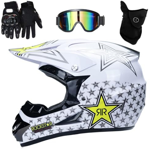 UIGJIOG Casco Motocross Niño,Adulto Casco Motocross Enduro MTB con Gafas/Máscara/Guantes, Casco Cross Quad Off Road ATV Scooter,Blanco,L(56~57cm)