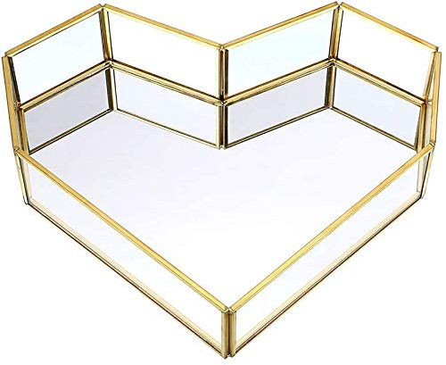 Plateau Miroir en Verre doré - Plateau Miroir Décoratif en Laiton - pour Bijoux, Parfum, Maquillage - pour Coiffeuse, Salle de Bain, Chambre à Coucher, 25cm×22cm×5cm