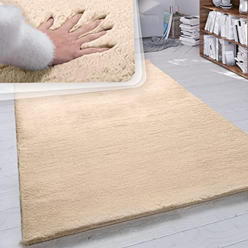 Paco Home Hochflor Teppich Wohnzimmer Schlafzimmer Shaggy Modern Flauschiger Fellteppich Weich Fell Imitat Kunstfell Einfarbig, Grösse:140x200 cm, Farbe:Sand