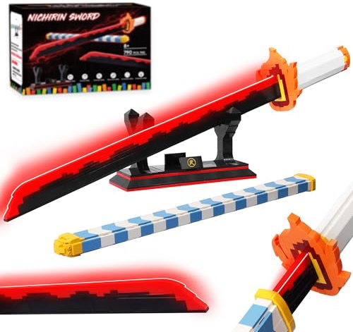 Jorumo Sword Building Set, 27in Rengoku Kyoujurou Sword with Scabbard and Stand, Cosplay Anime Toy Block for Collecting 790 Pieces, Luminous