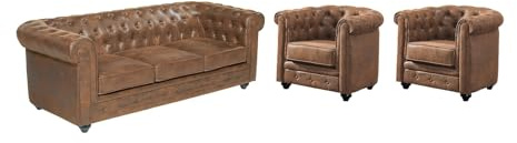 Vente-unique Sofá de 3 plazas y 2 sillones Chesterfield de Microfibra, Aspecto de Piel Envejecida
