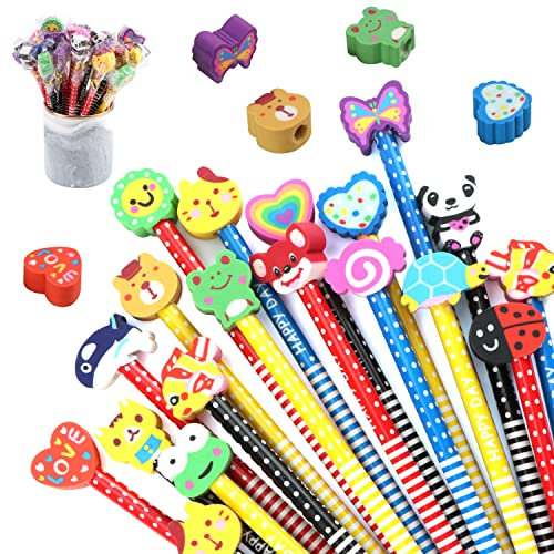 JSMTKJ HB Bleistift Set, 50 Stück Kinder Bleistift Cartoon Bleistifte mit Radiergummi von Tiere Sonne Schmetterling etc für Geburtstag Mitgebsel Geschenk Kinder Party Gastgeschenk