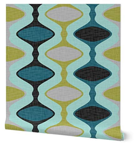Peel & Stick Wallpaper Swatch - Mid Century Modern, Ogee, 1960S, Stripe, Teal, Olive, Aqua, Retro, Vintage Custom Removable Wallpaper by Spoonflower