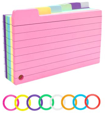 Tabbed Flash Cards Paper 150Pcs Colourful Index Cards Paper Revision Cards with 8 Binder Rings Lined Flashcards Note Taking Cards for Office School to Do List