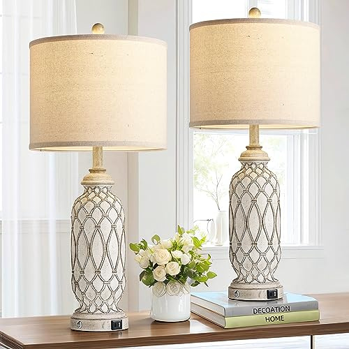 SRJJRS Farmhouse Table Lamps for Bedroom Set of 2, 28 Rustic Bedside Lamp with USB Ports, 3-Way Dimmable Nightstand Table Lamp for Living Room with Linen Drum Shade (Bulbs Included)