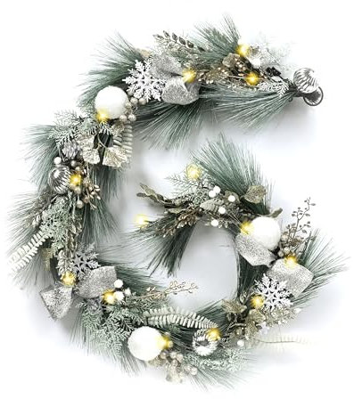 Valery Madelyn 6 Feet/183cm Pre Lit Christmas Garland with 15 Led Lights, White and Silver Christmas Garland Decorations with Ribbon for Stairs, Table, Outdoor, Mantlepiece, Fireplace, Front Door