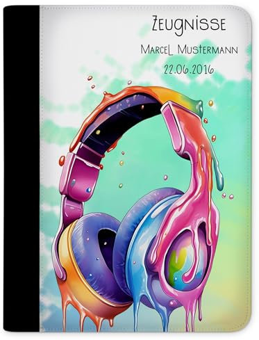 CreaDesign Zeugnismappe personalisiert mit Namen, Zeugnis Mappe Kopfhörer, DIN A4, 26,7 x 32,7 x 1 cm, Rücken schwarz