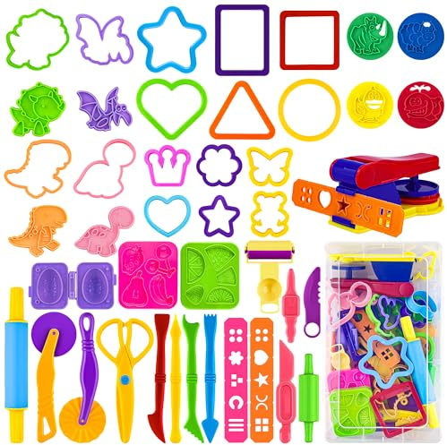 Dough Play Tools Set for Kids 44 PCS Dough Accessories with Scissors Cutters Rollers Rolling Pins Pasta Press Animal Dinosaur Fruit Molds Storage Box