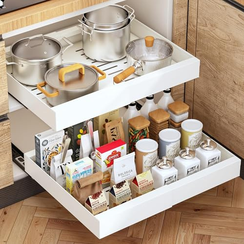 comfortica Pull Out Cabinet Organiser – Extendable Slide Out Drawers – Large Heavy Duty Organiser Pantry Shelves for Living Room, Bathroom and Kitchen (White, 1 Pack)