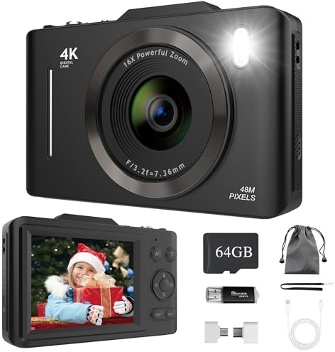 Bemkia Digital Camera 4K 48MP - 16X Zoom & 2.8 LCD Screen, Autofocus | Anti-Shake, All-in-One Vlogging Camera with 64GB Memory Card for Kids Beginners Students (Black)