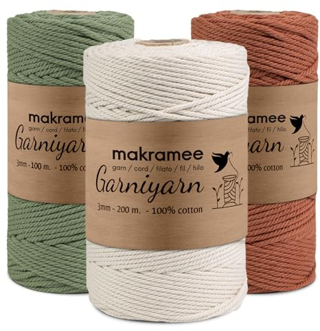GARNIYARN Lot de 3 Fils à Macramé 3 mm, Écru, Terre Cuite et Sauge