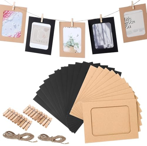 Giantree 20 Stück Braun Papier Fotorahmen, 11.5x15 cm Kraftpapier Bilderrahmen DIY Karton Bilderrahmen mit Clip Und Hanfseil Kreativer Papierbilderrahmen Für Hochzeit Party Geburtstag(Schwarz, Holz)
