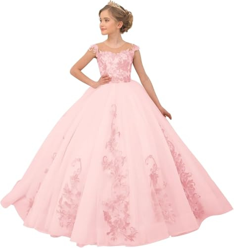 Yifanier Vestidos de niña de Las Flores para Boda Vestido Primera Comunión Tul Apliques Encaje Vestido de Fiesta con Lazo