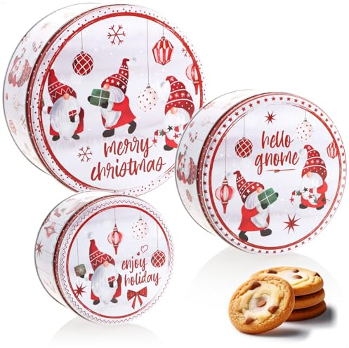 com-four® 3x latas de almacenamiento de metal – cajas apilables para galletas con gnomos navideños & frases – recipientes para galletas, pasteles & dulces (3 piezas - Gnomos)