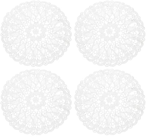 sourcing map 4 Pcs Lace Doilies for Tables, 6 Inch Round Lace Placemats, Handmade Crochet Cotton Lace Coasters for Kitchen Dining Room Wedding, White & Flag